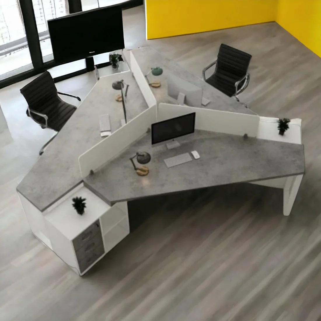 3-Seater Modular Office Workstation with Divider Panels, Storage Cabinets, and Ergonomic Design for Modern Corporate and Work Environments