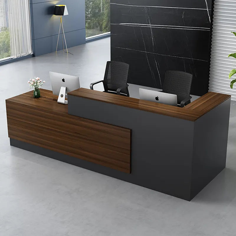 Reception Table for Office Luxury Modern Counter Stylish Design and Drawers Bookshelf Ample Storage & Openable Storage - Grey & Brown
