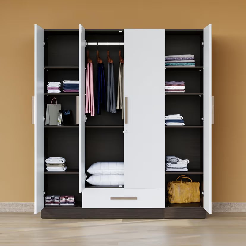 Wooden Wardrobe In 4 Doors – Clean Design with Lock and Open Shelves