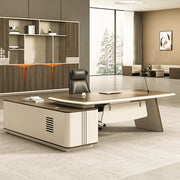 Director L-Shape Office Table Luxury Desk with Multi-Function Ports, Hettich & Blum Hardware Drawers and Ample Storage - Beige and Dark Brown