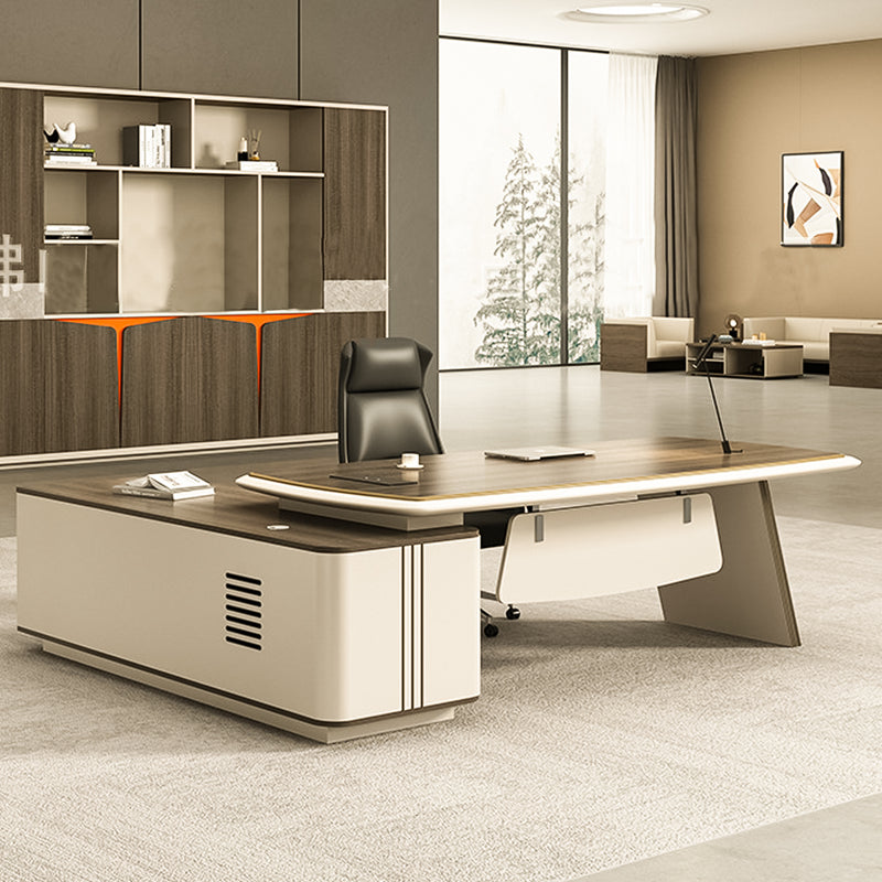 Director L-Shape Office Table Luxury Desk with Multi-Function Ports, Hettich & Blum Hardware Drawers and Ample Storage - Beige and Dark Brown
