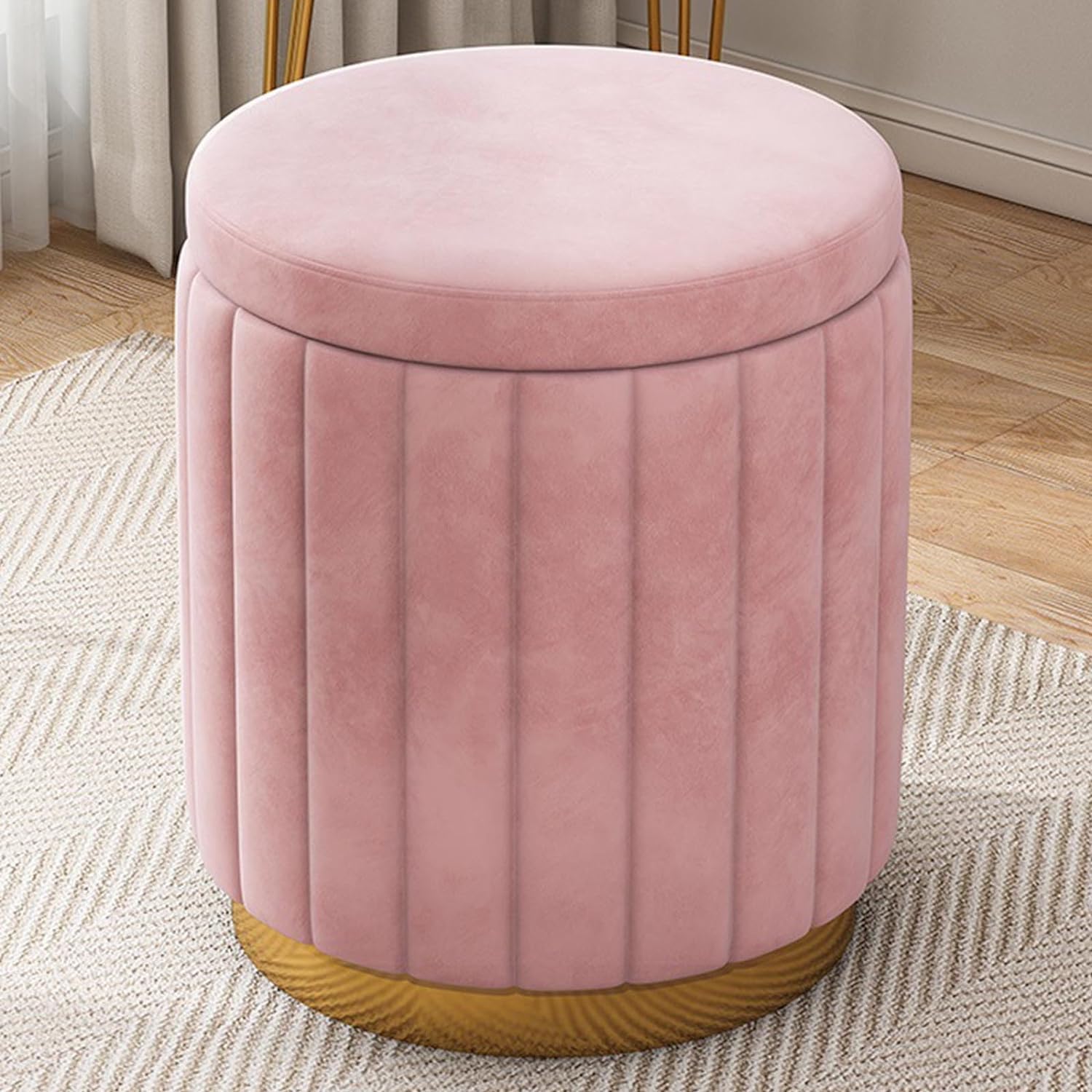Ottoman Foot Stool with Lattice Design – Soft Compact Padded Gold Trim - Great for The Living Room or Bedroom – Decorative Furniture Foot Rest- Pink
