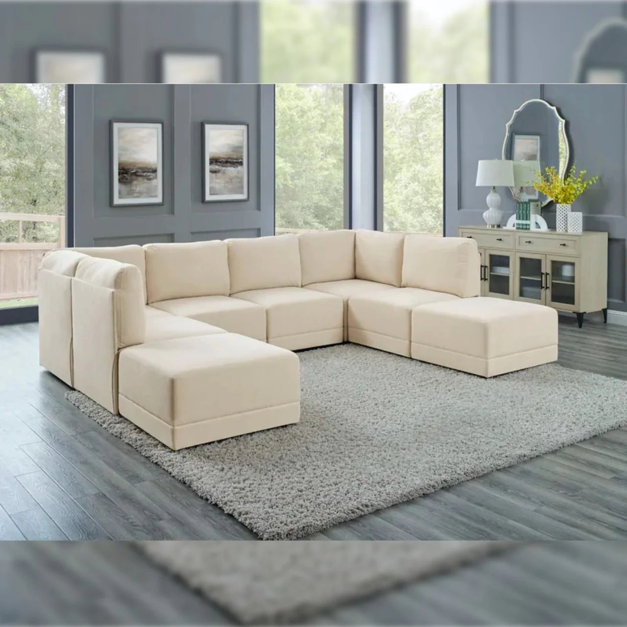 7 Seater Sofa & Wide Symmetrical Modular Corner Design Upholstery Suede Modern And Durable Design For Living Room - Off White