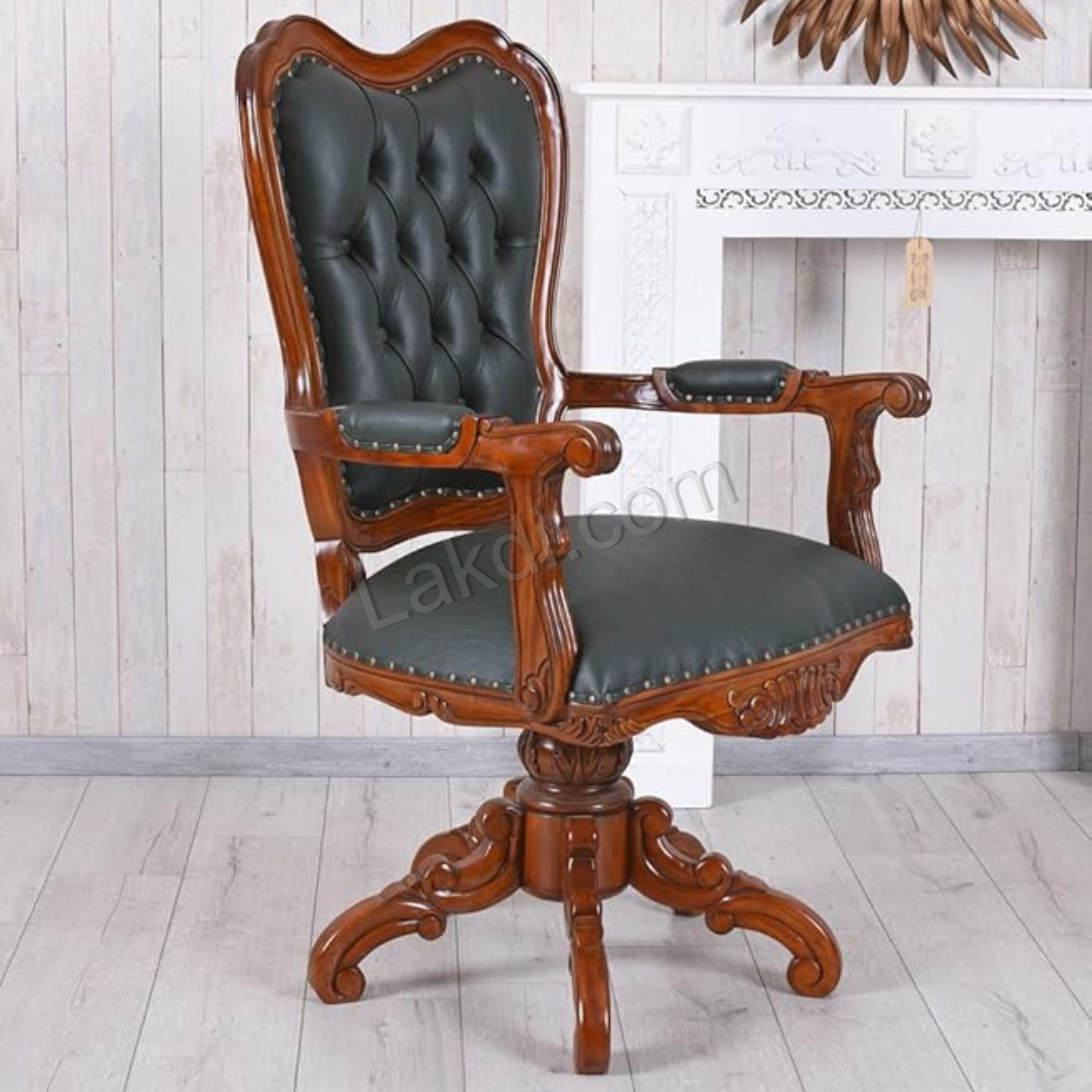 Office Director Chair Tufted Design Made in Solid wood with Leatherette and Soft Padded - Armrest and without Swivel Base and Polish