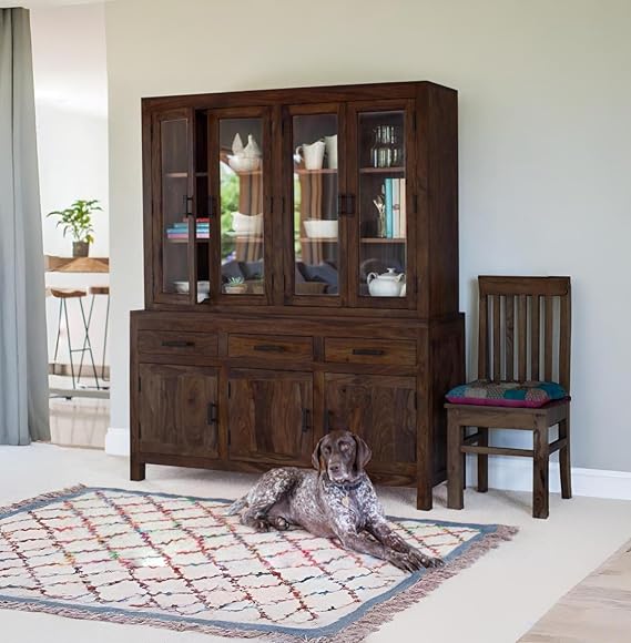 Cabinet – Solid Sheesham Wood with Walnut Finish, Glass Doors, Ready-to-Use Design, Storage for Dining, Kitchen, or Living Spaces.