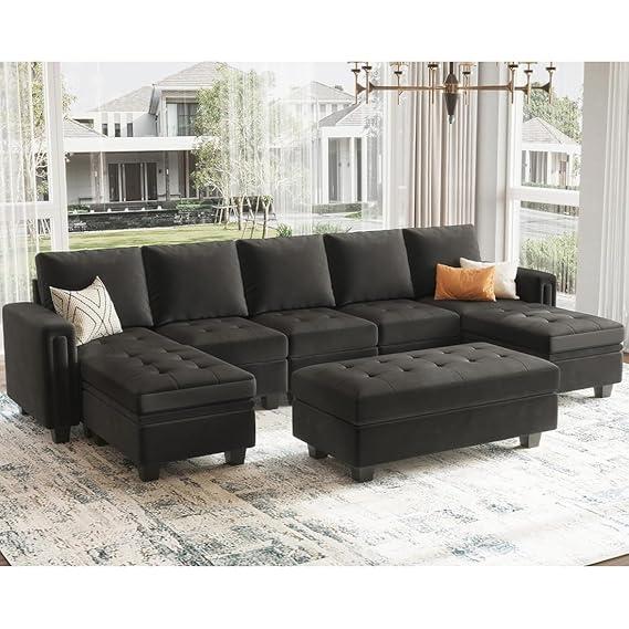 3 Seater U Shape Sofa For Home Furniture, Upholstery Fabric Modern And Durable Design For Living Room and Office- Black