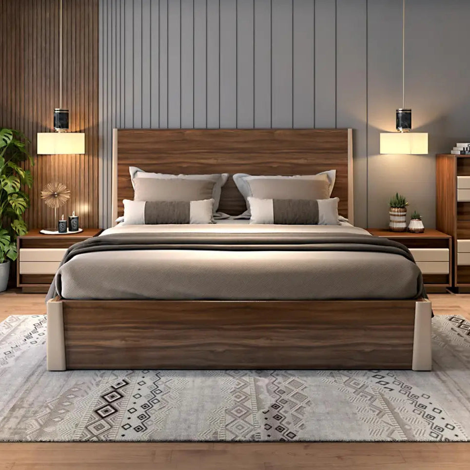 Luxury King Size Made in Plyboard with Curved Edges Dark Walnut Laminate Base & Grand Headboard for Elegant Comfort
