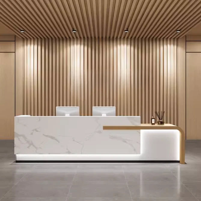 Reception Table for Office Luxury Modern Counter Stylish Design Made in MDF with Marble Pattern and Ample Storage -White