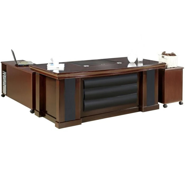 Director & Executive L-Shape Office Table Modern Desk Made in Plywood with Veneer Side Unit Storage & Drawer Pedestal, Wire Manager & CPU Storage
