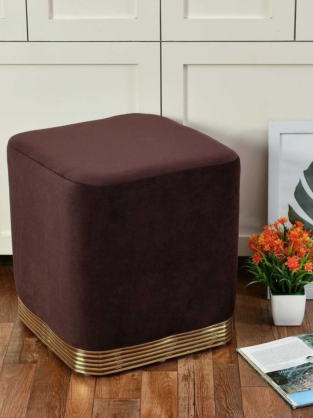 Plouffe's Modern Square Upholstered Velvet Ottoman with Gold Plating Base Foot Vanity Makeup Stool, Side Stool for Bedroom Living Room - Brown