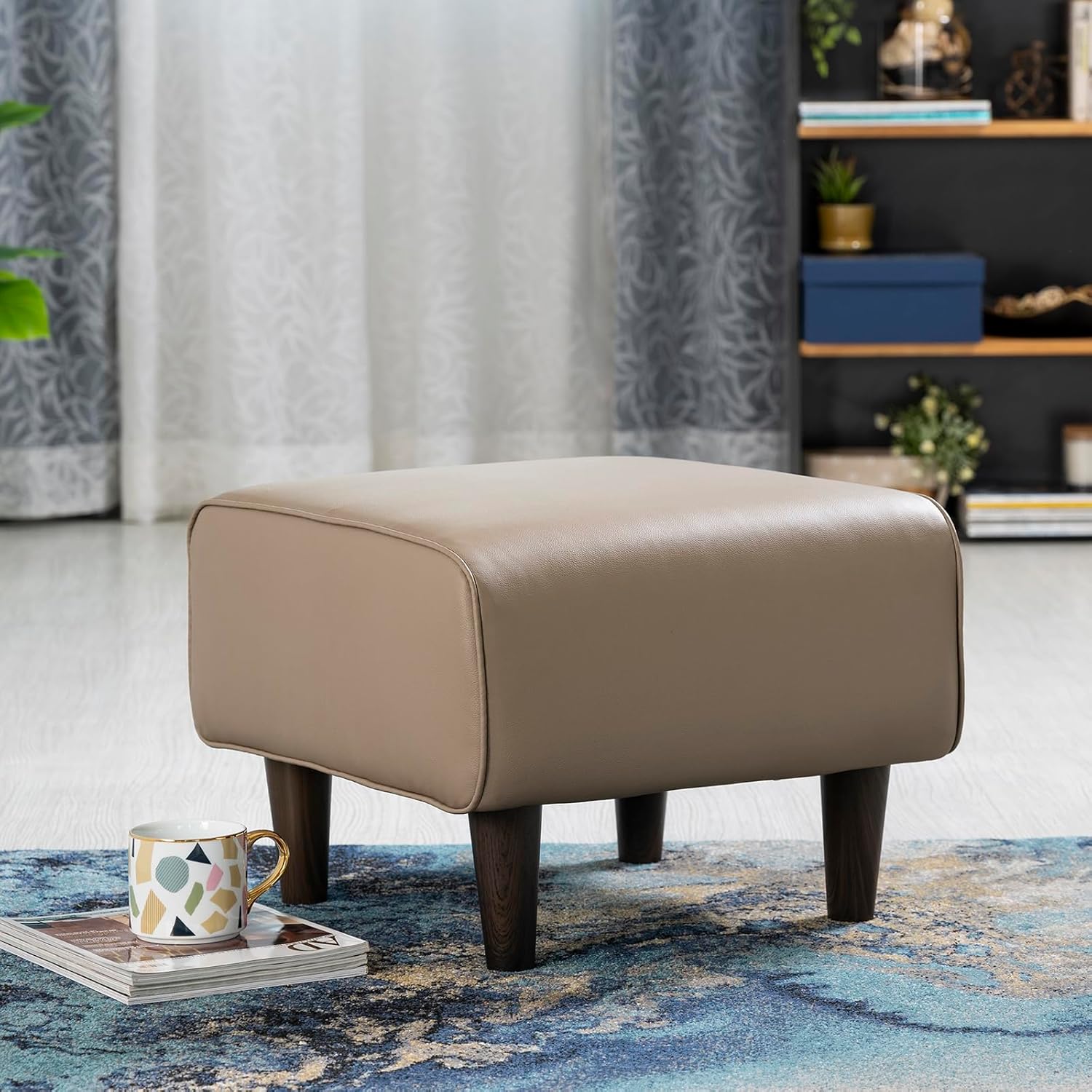 Ottoman Modern Design Upholstery Pu Leatherette Foot Rest Stool, Pouf for Office Home Décor for living Room, Bedroom, Office - Brown