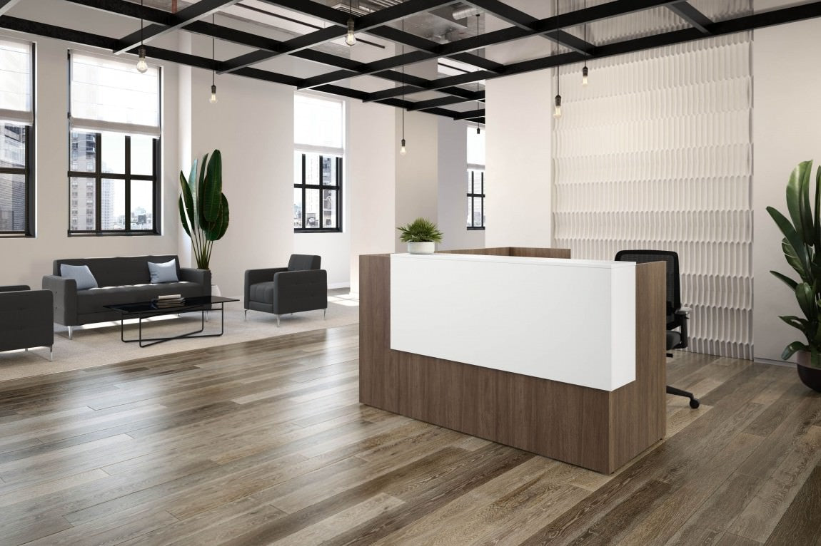 Reception Table for Office L-Shape Front Counter Desk Made in Particle Board with Round Wire Manager, Drawers and Self Box - Brown