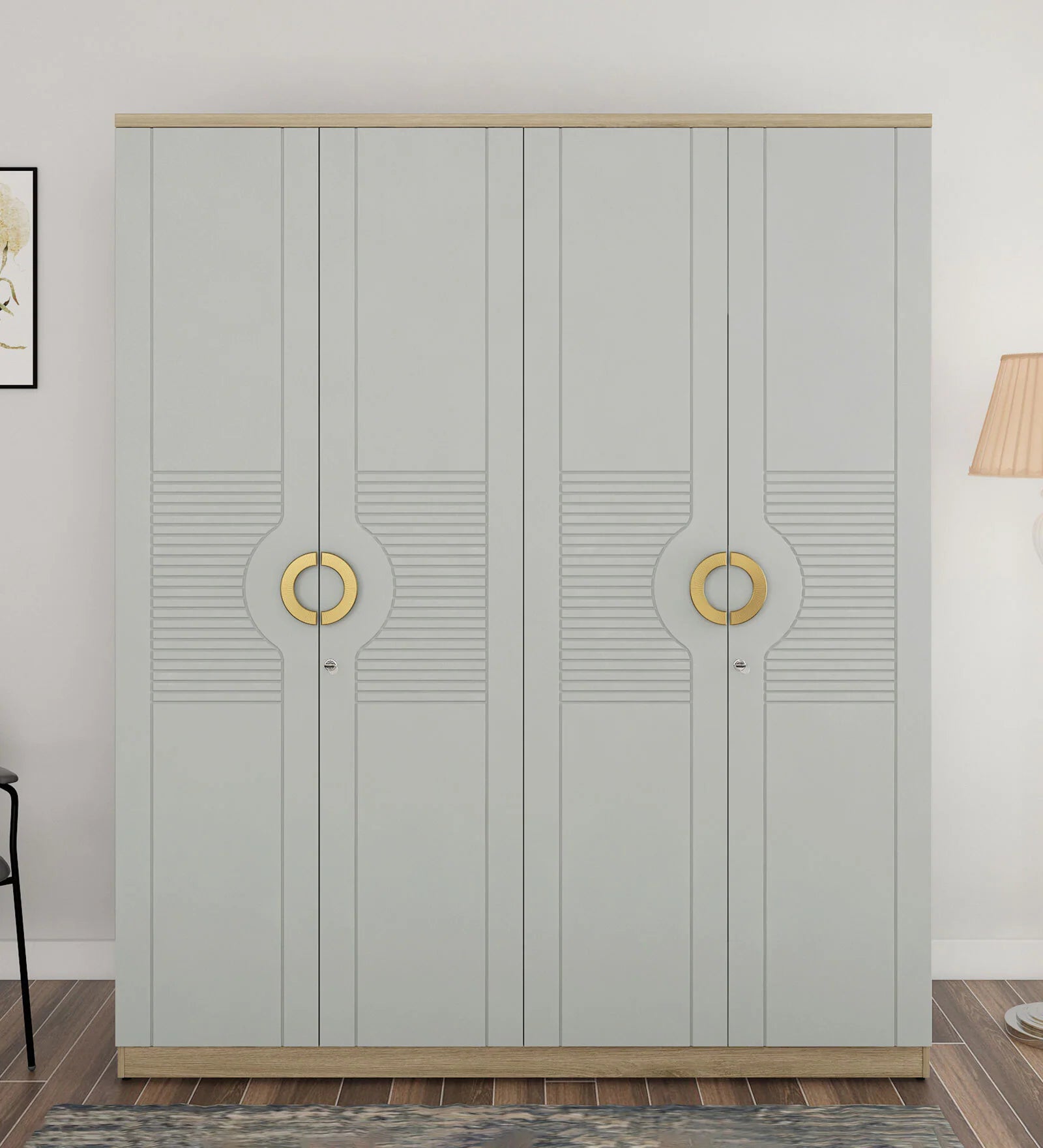 Wardrobe 4‑Door with Space-Saving, Soft-Close Mechanism, Designer Handles with Locker