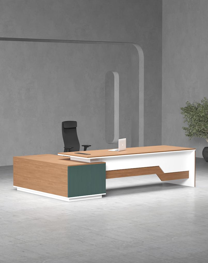 Director Office Table L-Shape Luxury Design with Modern Desk Featuring Drawer and CPU Space & Wire Manager - Brown