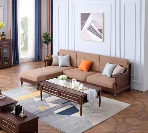 3 Seater Wooden L Shape Sofa For Home Furniture, Upholstery Fabric Premium and Durable Design For Living Room and Office- Brown