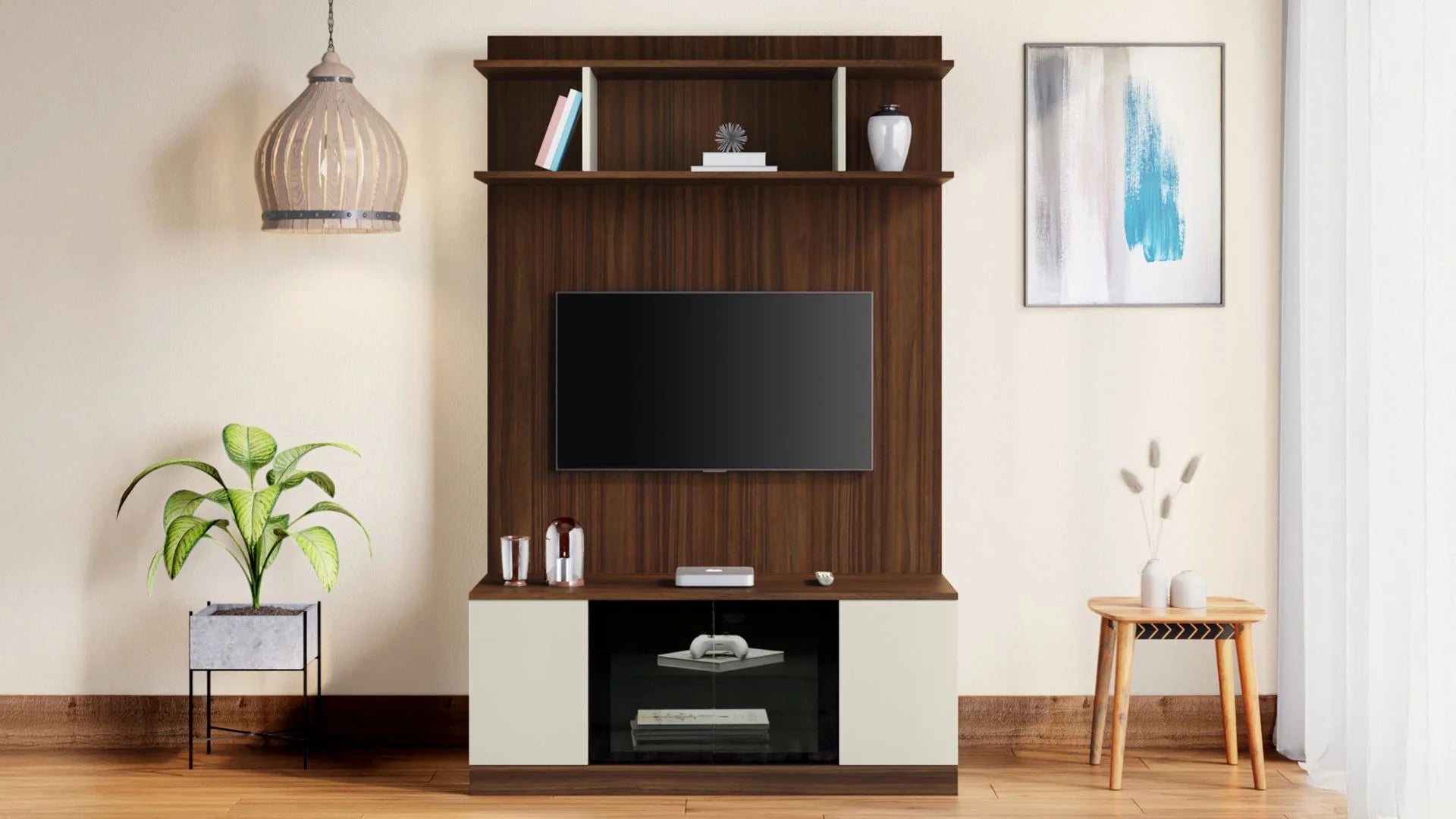 Wooden TV Wall Cabinet with Open Shelves, and Smooth Finish for Modern Apartment Living Rooms