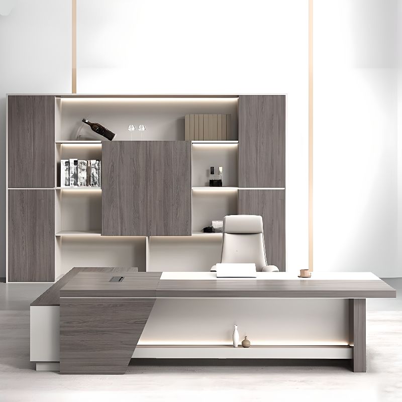 Director L-Shape Office Table Luxury Desk Made in Plywood with Locking Drawer, Reversible Orientation, Wire Manager, and CPU Storage - Grey