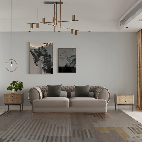 3 Seater Sofa For Home Furniture Tufted Design Upholstered velvet, Comfortable & Soft Luxury Couch for Living Room & Hall - Light Brown