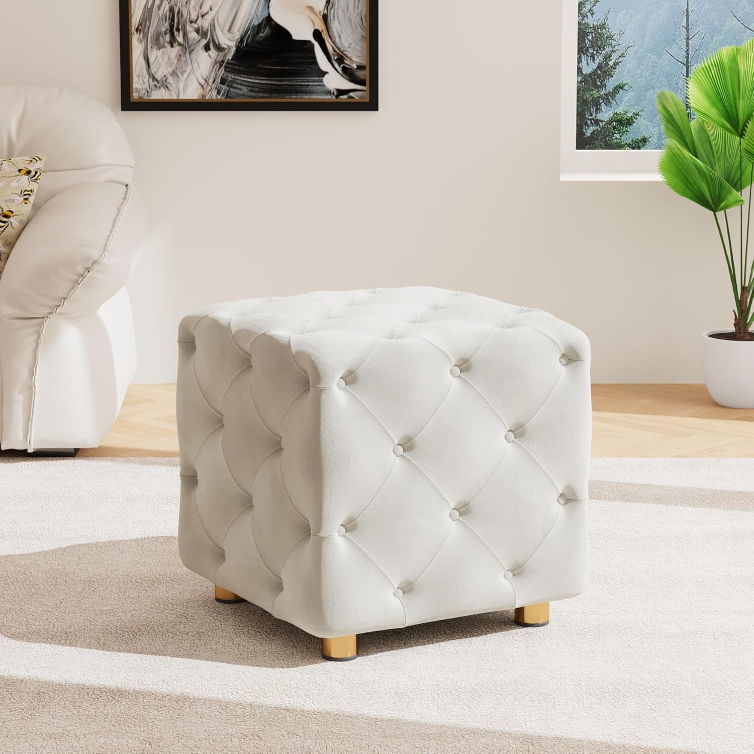 Ottoman For Home Furniture Upholstery Velvet, Foot Rest Modern And Durable Design Comfortable Seating & with Storage for Living Room - Off White