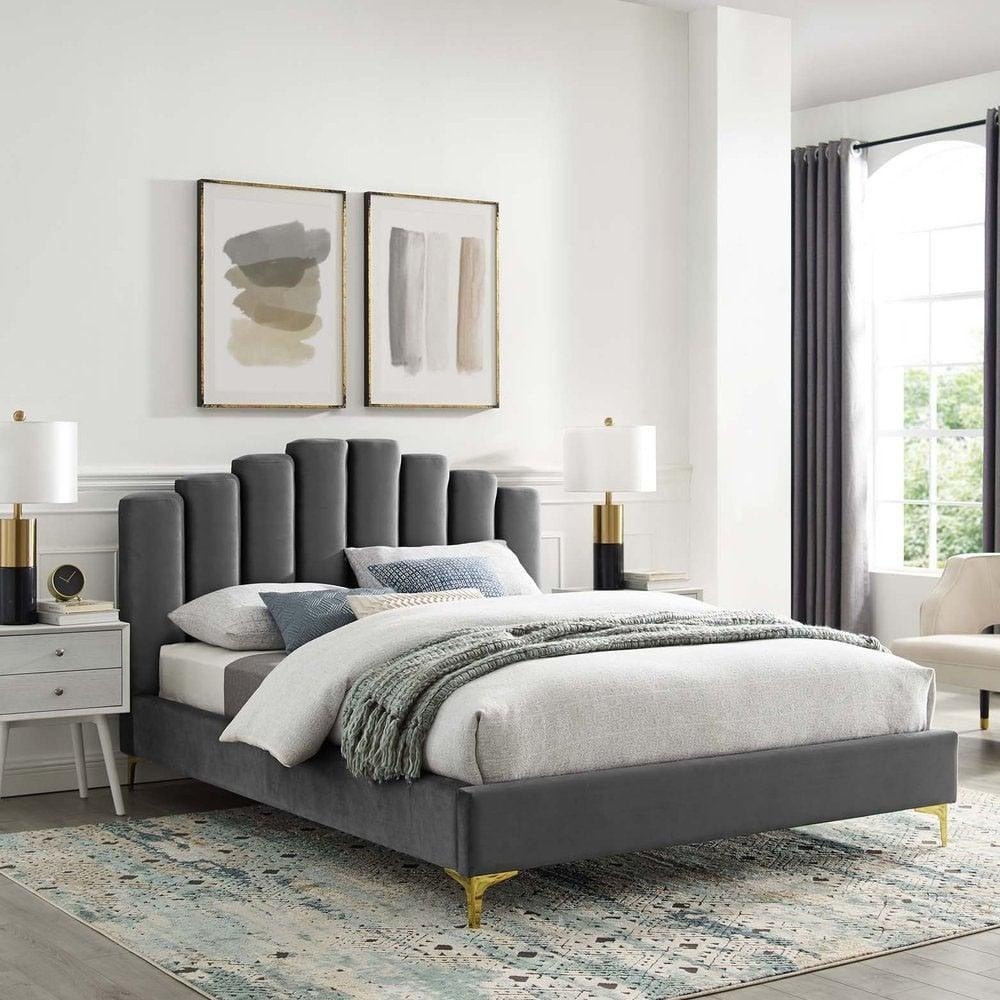 King Size Bed – Rich Velvet Upholstery, Wooden-Twist Headboard, Golden Legs, Solid Wood