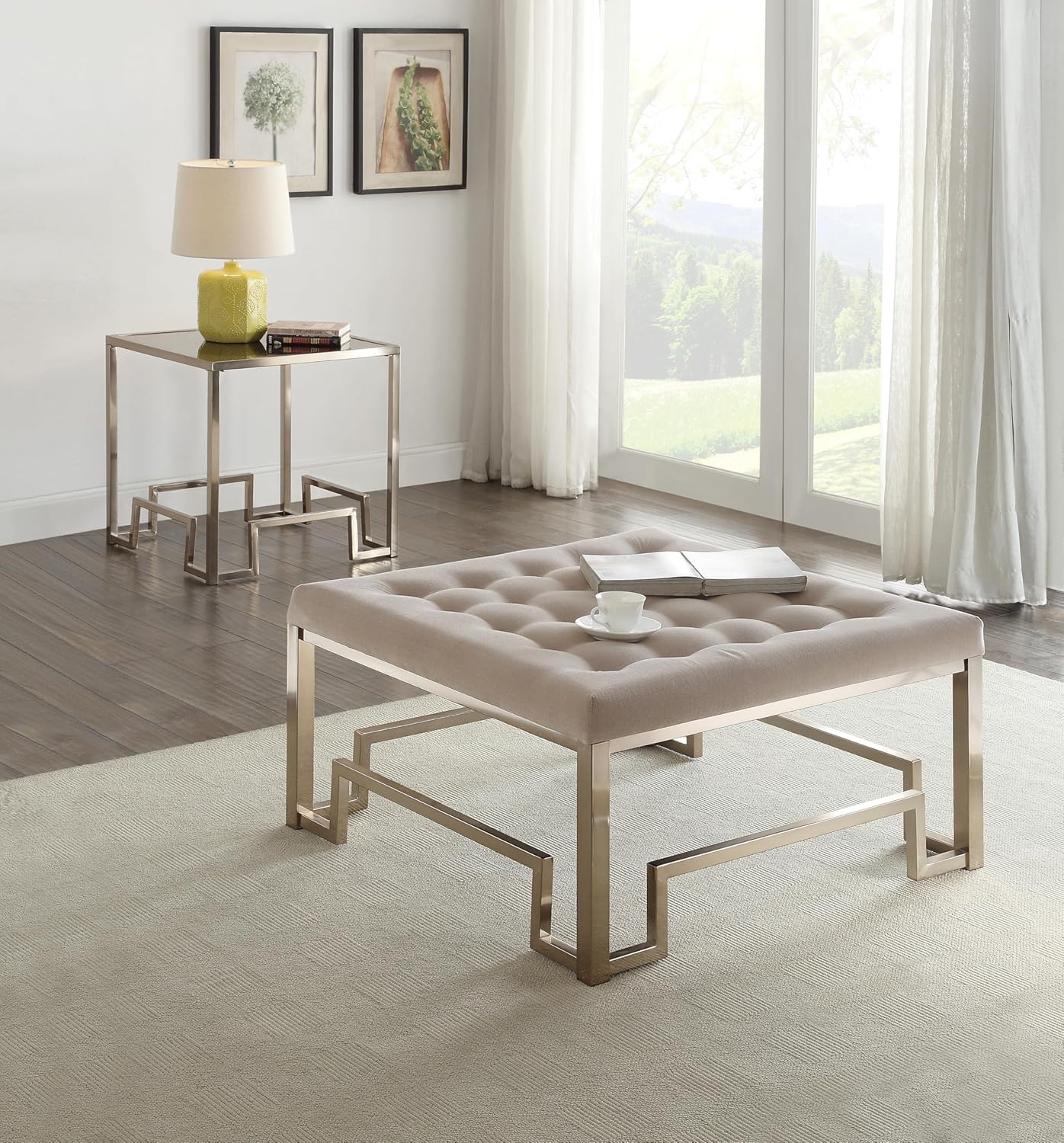 Modern Tufted Square Ottoman Coffee Table with Geometric Gold Metal Base – Elegant Living Room Pouffe