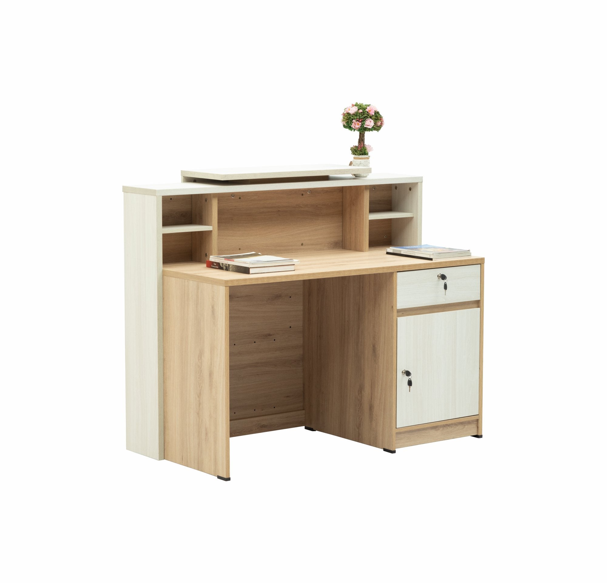 Rustic Reception Table Made in engineered wood with lockable drawer and additional shelves