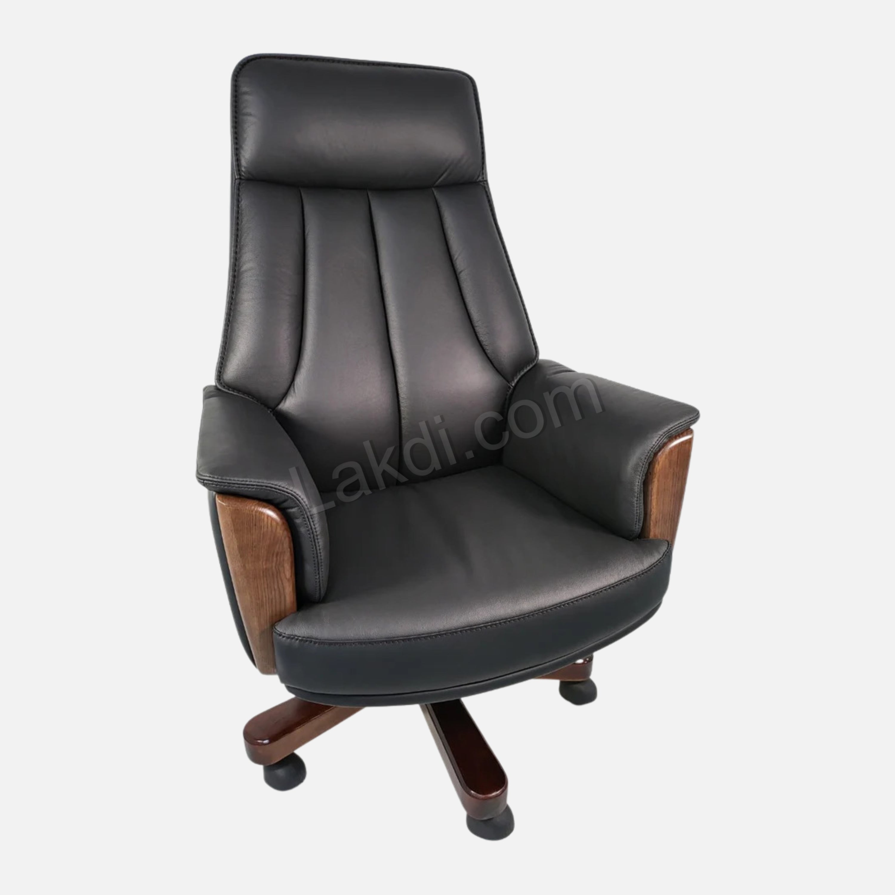 Director Chair for office Traditional High-Black Leatherette with Recliner & fixed arms Adjustable Height and Wooden Base and Walnut Polish
