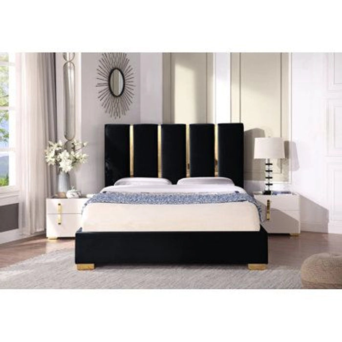 Luxury Black & Gold King Size Bed – Upholstered High Headboard, Sleek Metal Legs