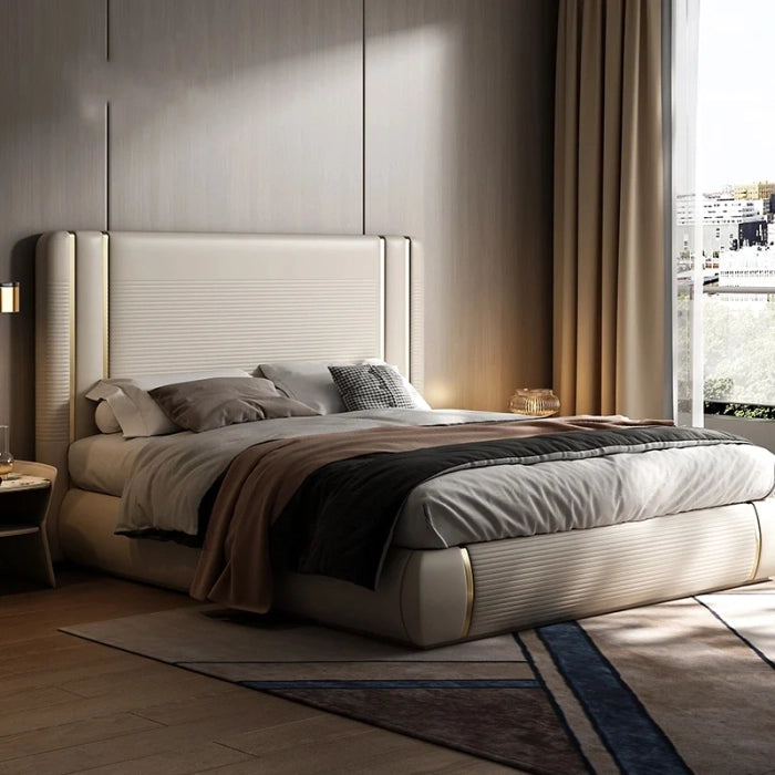 Luxury Off-White King Size Bed – 54″ High Headboard & Plywood Frame, Velvet