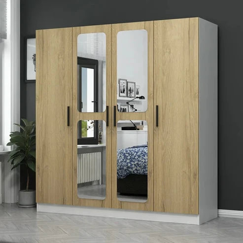 Wardrobe for Effortless Style Premium 4-Door Mirrored Wardrobe, Ideal for Contemporary Compact Bedrooms