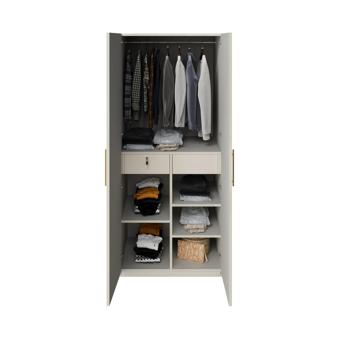 Wardrobe 2-Doors Modern Design with Soft-Close Hinges, Designer Handles, Secure Locker and Spacious Drawers.