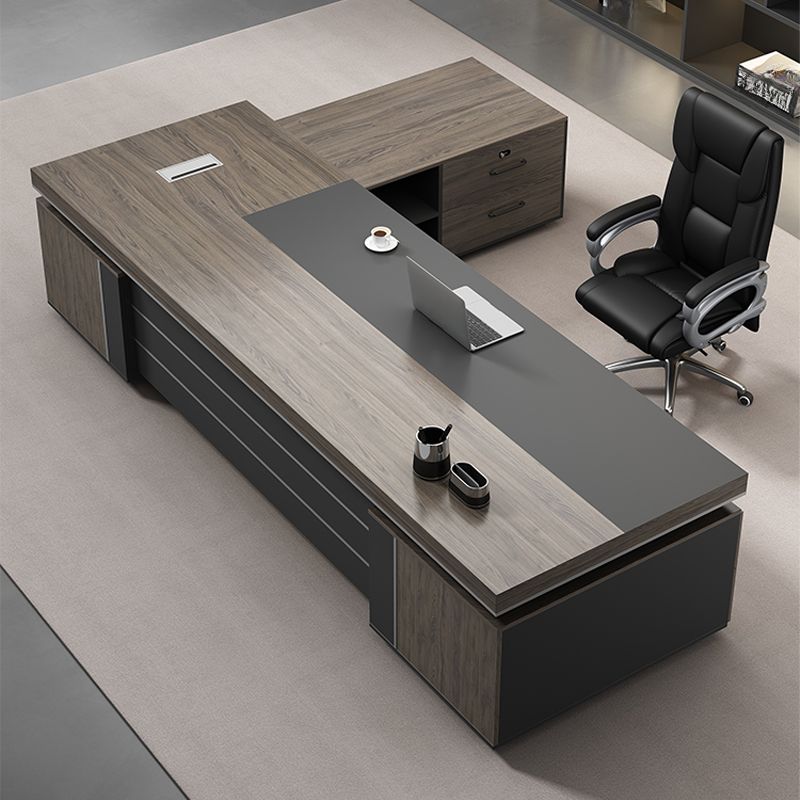 Director L-Shape Office Table Luxury Desk with Locking Drawer, CPU Storage, Desk Return, and Organized Wiring System - Dark Brown