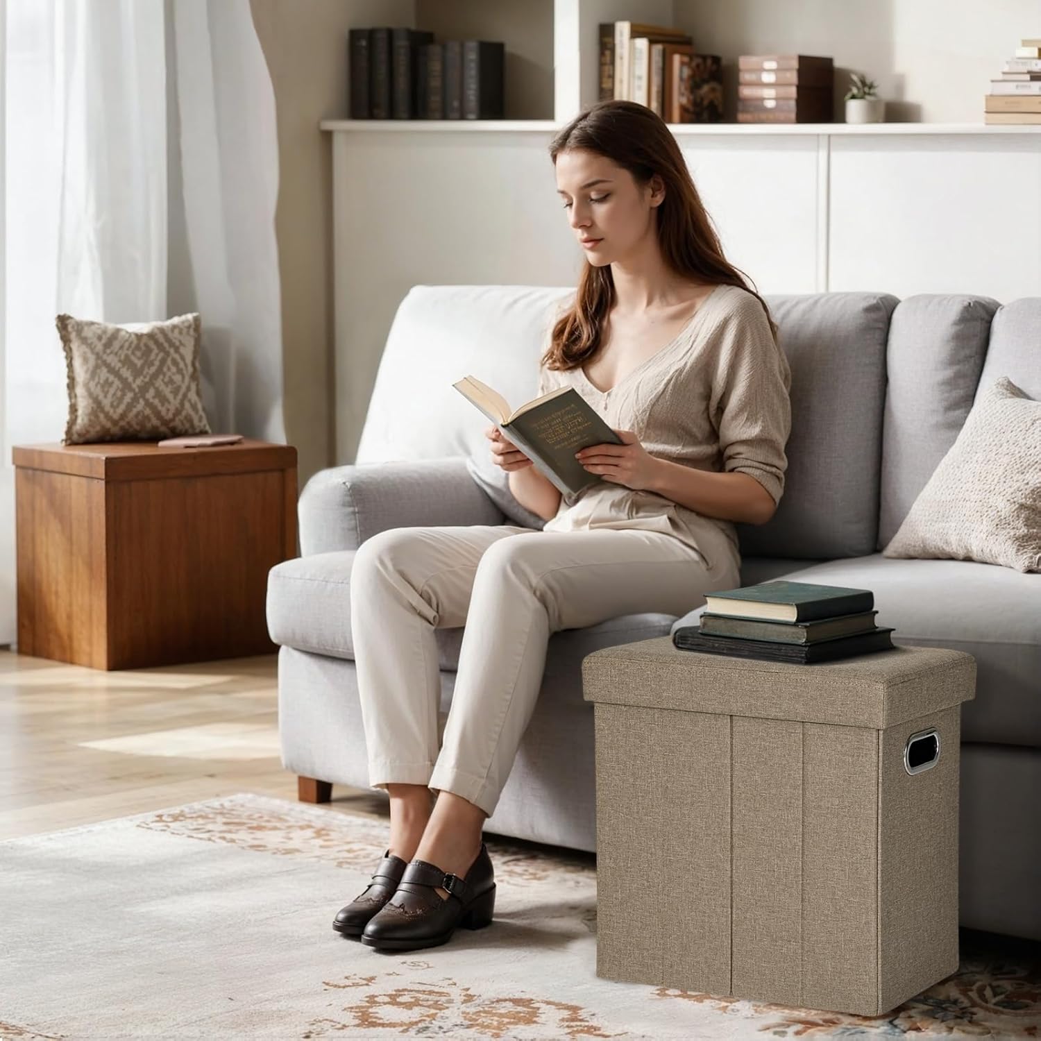 Ottoman For Home Furniture Upholstery Linen Comfortable Soft, & Multi-Functional Modern And Durable for Living Room -Grey