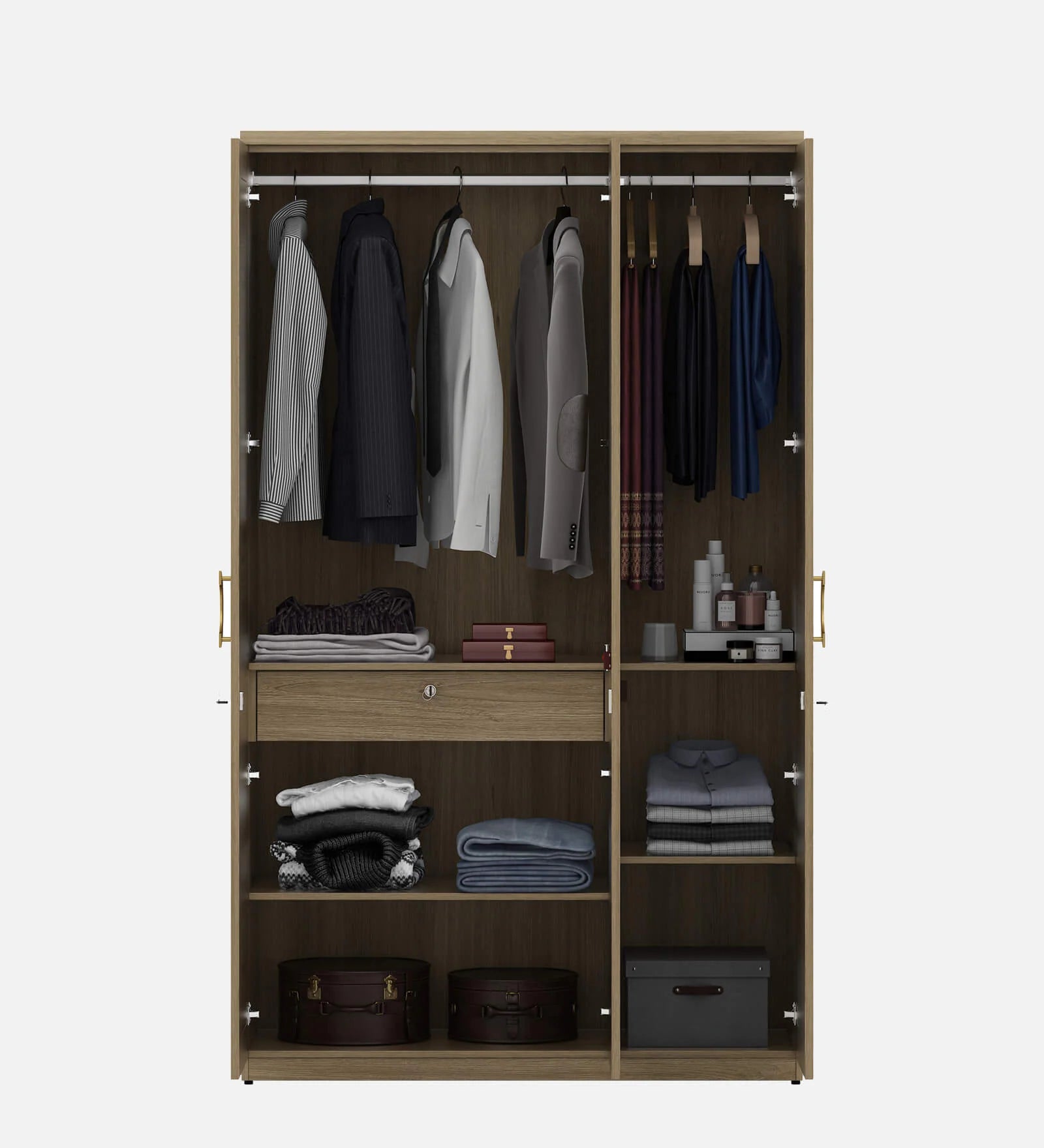 Wardrobe 3‑Door with Stylish Design, Drawers & Shelves, with Multi-Storage Options with Mirror