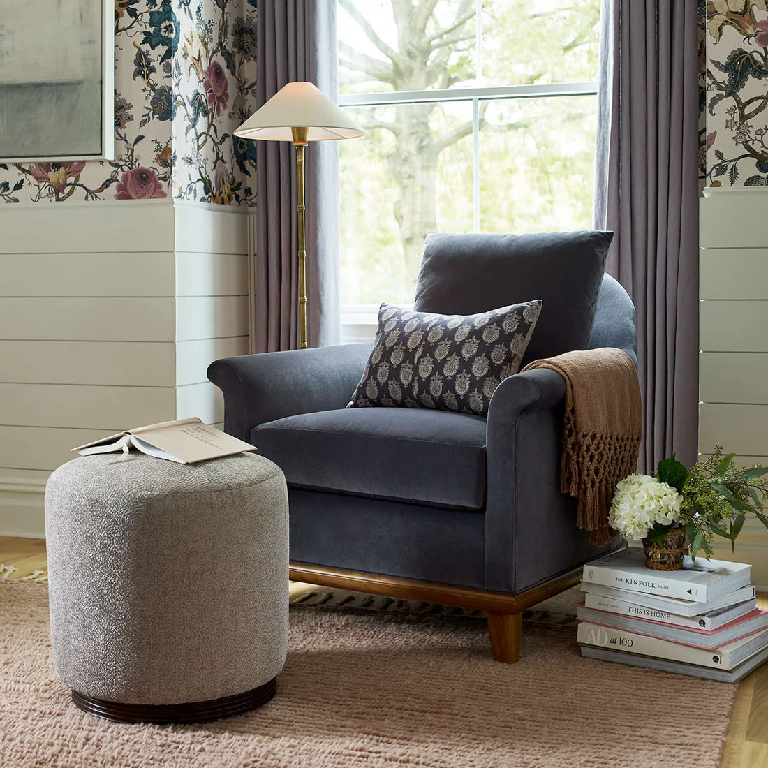 Ottoman for Home Furniture with Round Shape Upholstered Fabric, wood base Perfect for your Living Room