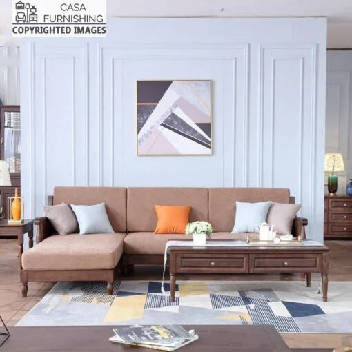 3 Seater Wooden L Shape Sofa For Home Furniture, Upholstery Fabric Premium and Durable Design For Living Room and Office- Brown