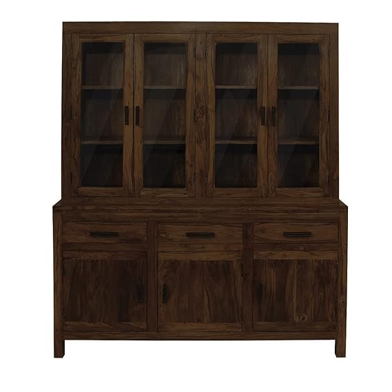 Cabinet – Solid Sheesham Wood with Walnut Finish, Glass Doors, Ready-to-Use Design, Storage for Dining, Kitchen, or Living Spaces.