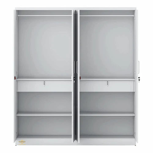 Wardrobe for Bedroom Storage – White Four-Door Closet with Dual Full-Length Mirrors, Lockable Drawers, Hanging Spaces