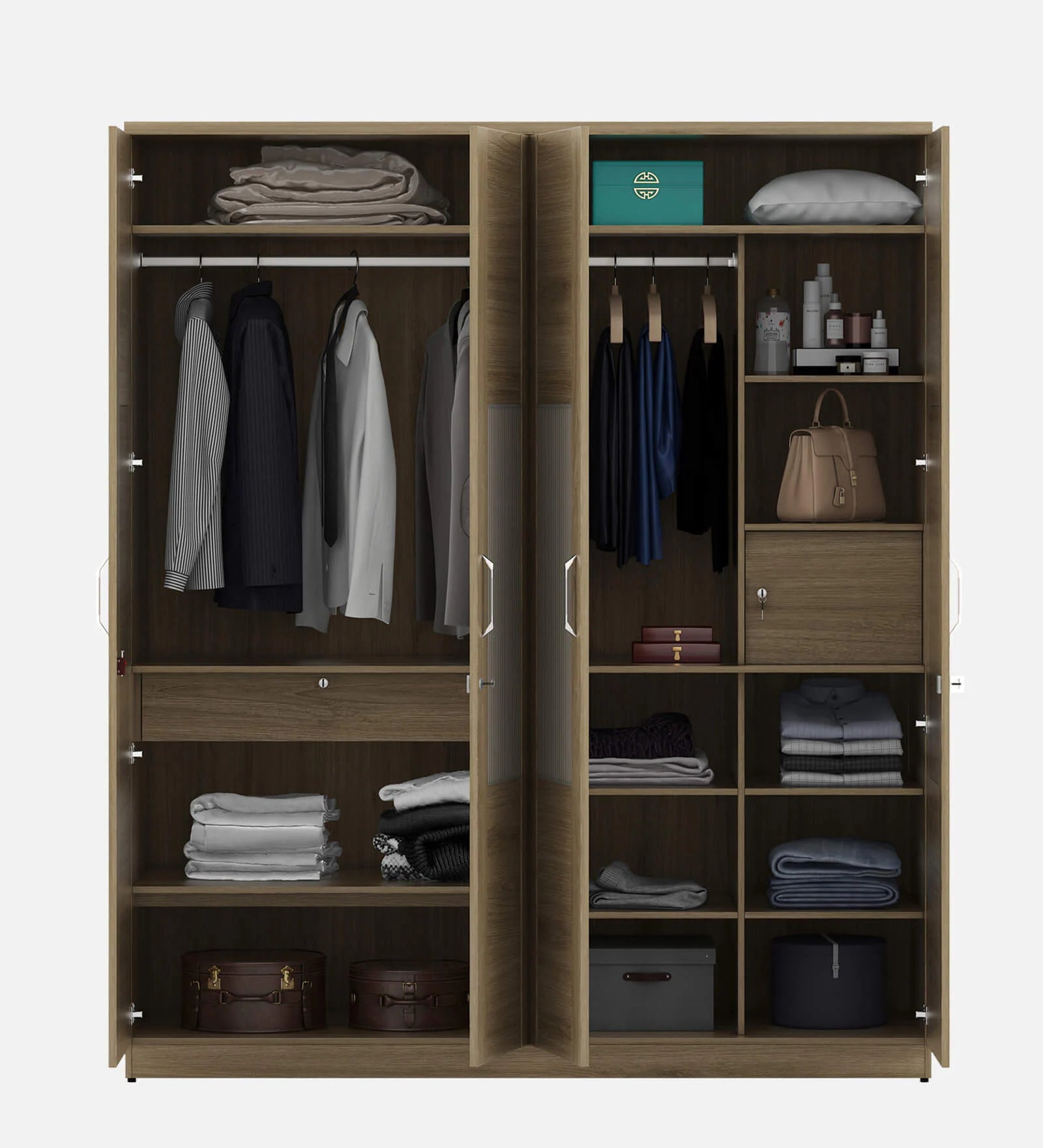 Wardrobe 4‑Door with Stylish Design, Drawers & Shelves, with Multi-Storage Options