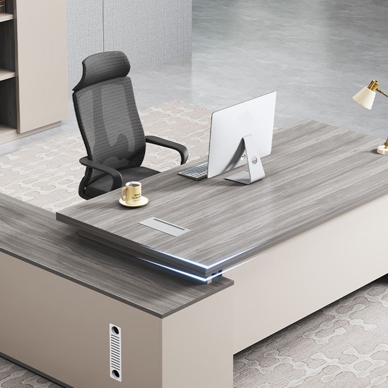 Director L-Shape Office Table Luxury Desk Made in Plywood with Wire Manager Drawers Lockable and Storage for a Modern Workspace - Beige Grey
