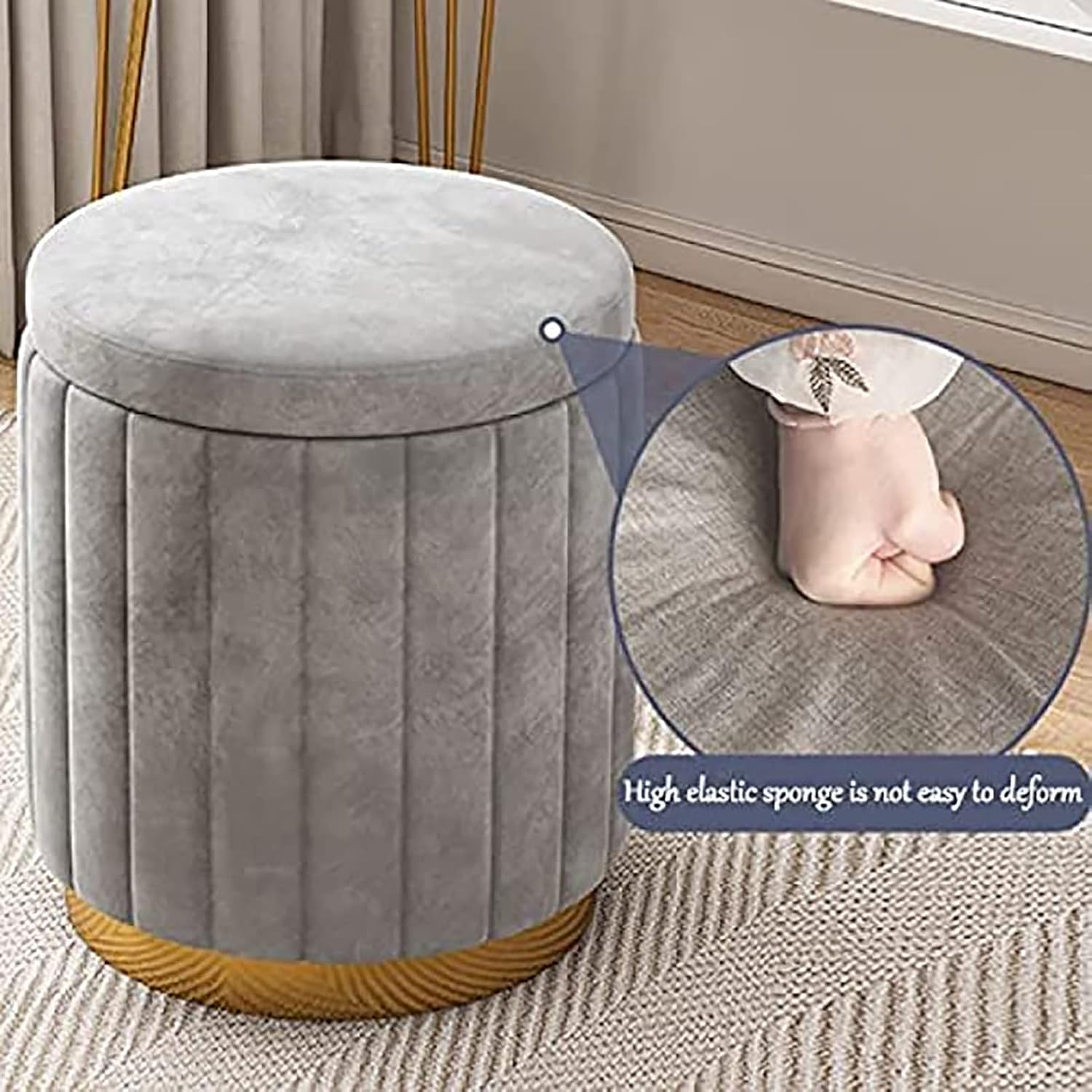 Ottoman Plouffe's Round Velvet Storage with Gold Base - Velvet Upholstered Foot Rest Stool, for Living Room Bedroom-Grey