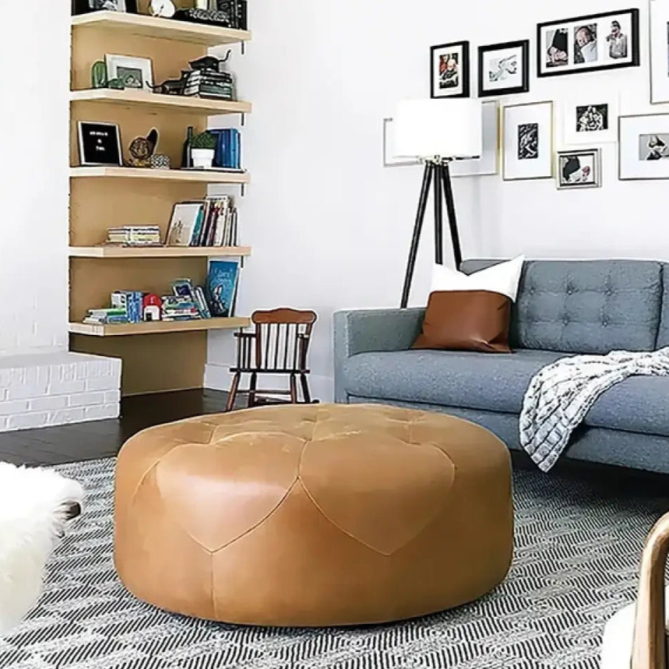 Ottoman Round Leather Coffee Table – Upholstered with High-Density Foam Padding, Solid Wood Frame for Living Room or Lounge.