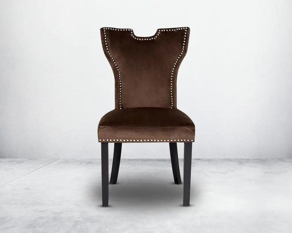 Elegant Brown Velvet Dining Chair with Studded Trim - Luxurious Home Furniture for Dining Room & Kitchen