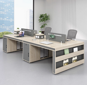 Modern Grey & Wood Collaborative Office Desk Ergonomic 4- Person Workstation with Integrated Storage & Privacy Panels