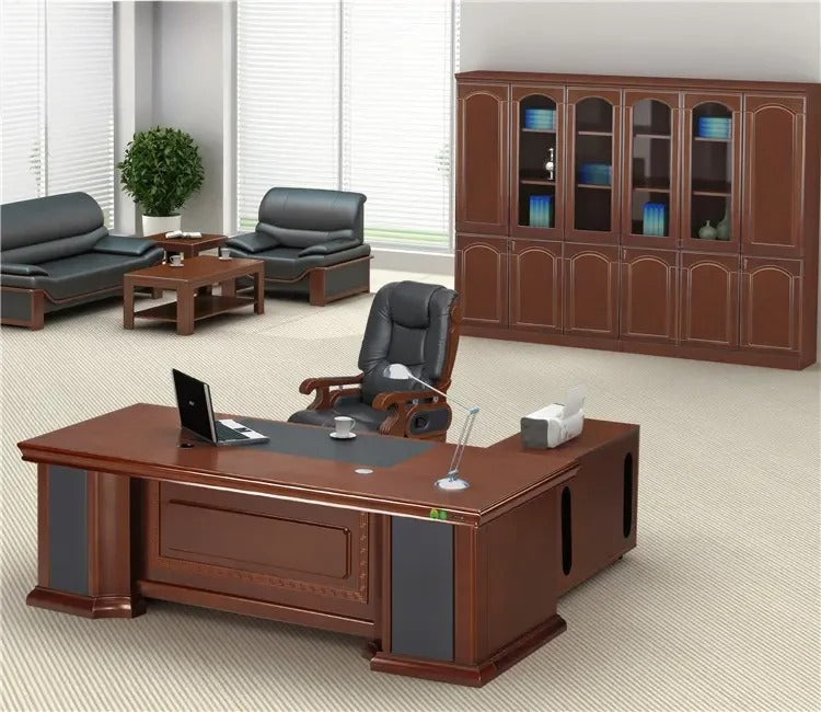 Director Table & Executive L Shape Luxury Office Table Modern Desk with Drawer and CPU Space & Stylish Design - Red Brown