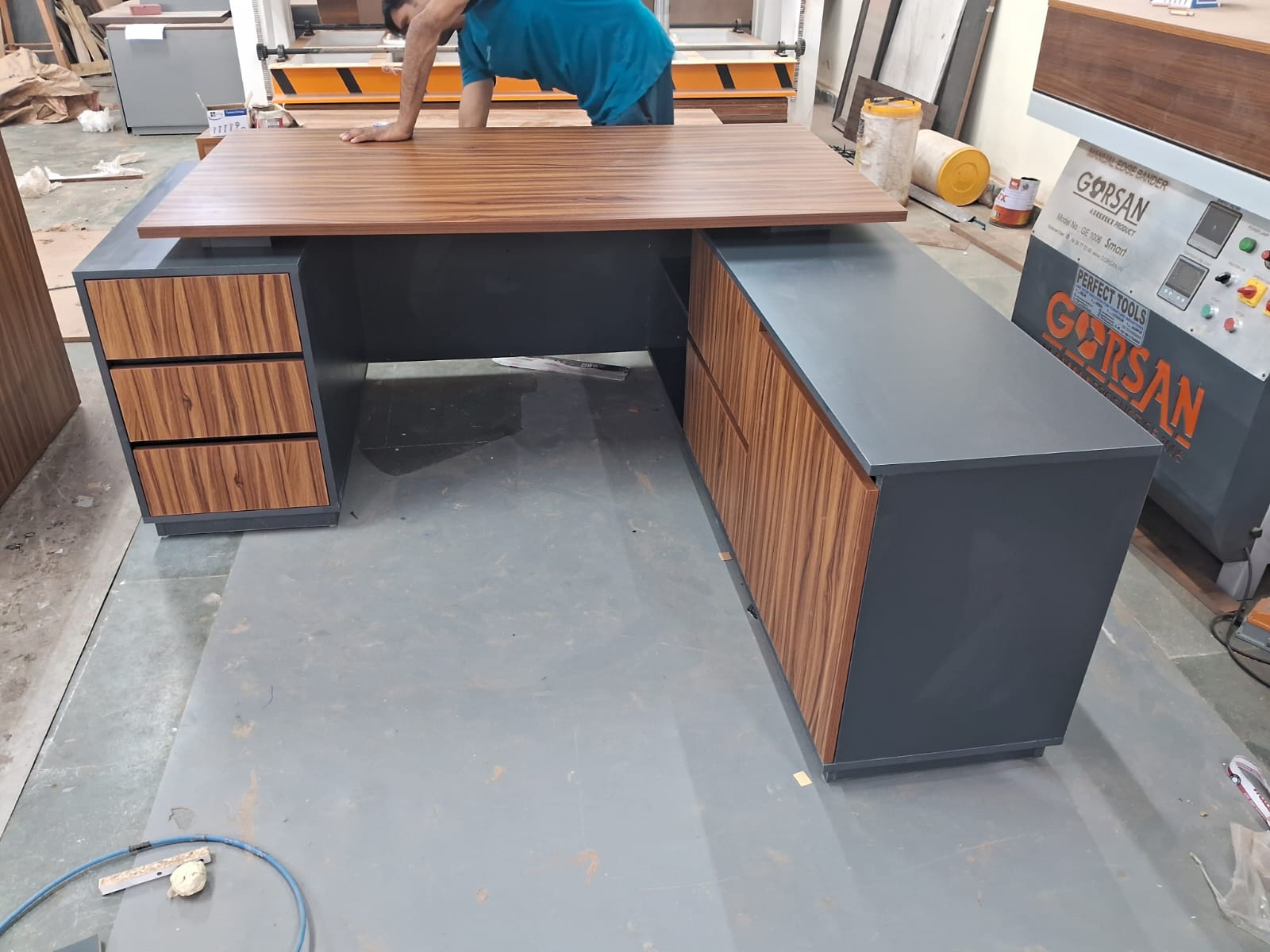 Director and Executive L-Shape Office Table Made in Particle Board with Side Unit Storage & Drawer, Wire Manager & CPU Storage - Brown