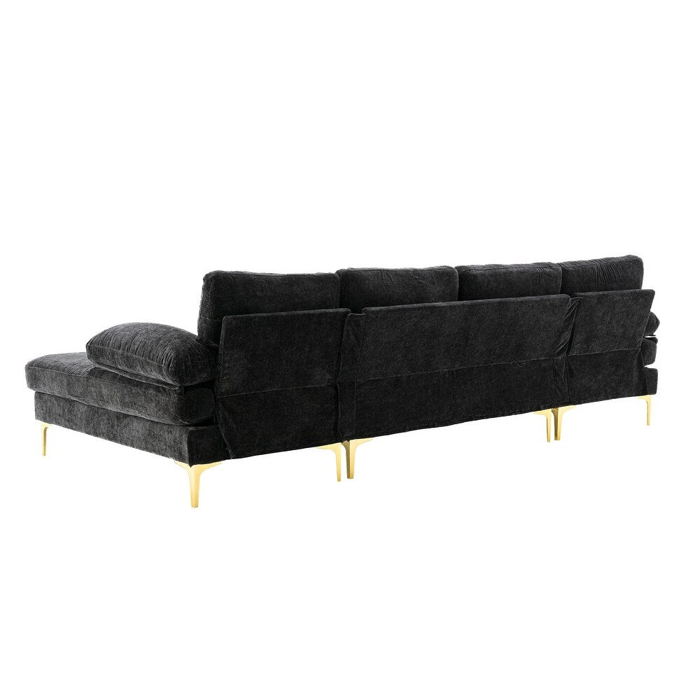 U-Shape Sofa Upholstery Velvet Sectional Lounge Couch Extra Wide Chaise Arms Sofa Design For Living Room and Office -Off White- Black