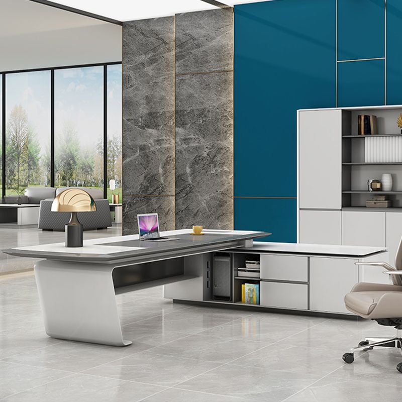 Director L-Shape Office Table Luxury Desk Made in Plywood with Veneer Reversible Orientation, Wire Manager, and CPU Storage - White Grey