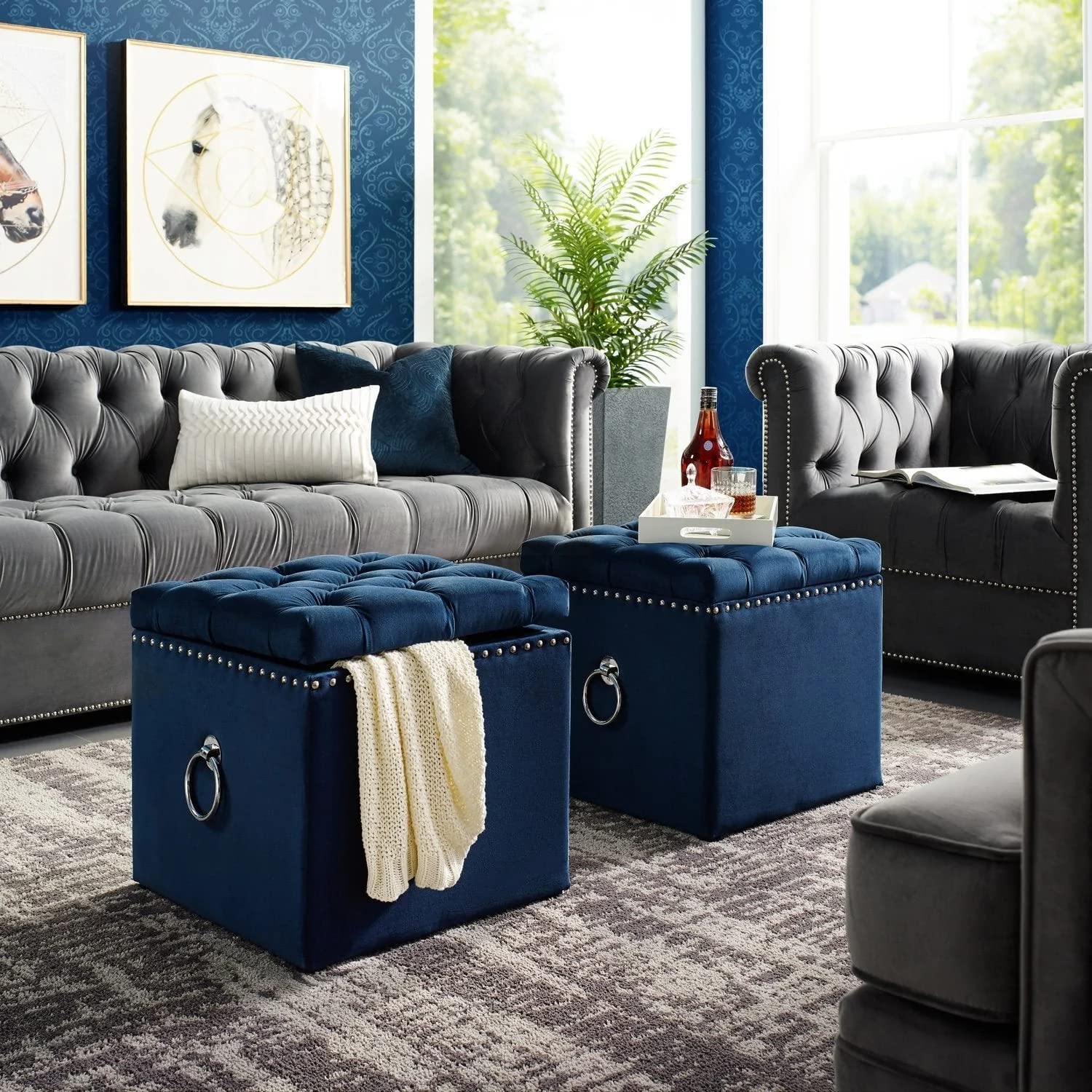 Ottoman Plouffe's with Storage Collapsible Sturdy Square Foot Rest Under Desk Stool for Room Folding Ottoman Furniture with Button tufted -Navy Blue