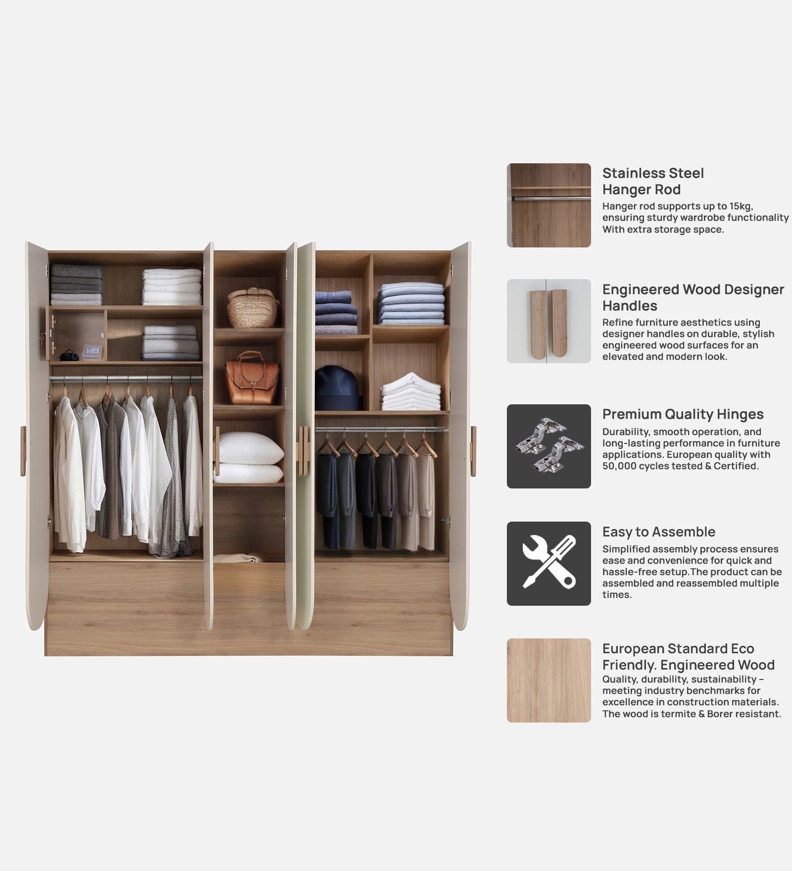 Wardrobe for Bedroom Storage – White Dual Mirrors, Dual Hanging Spaces, Lockable Drawers, Spacious Shelving & Elegant Particle Wood Build